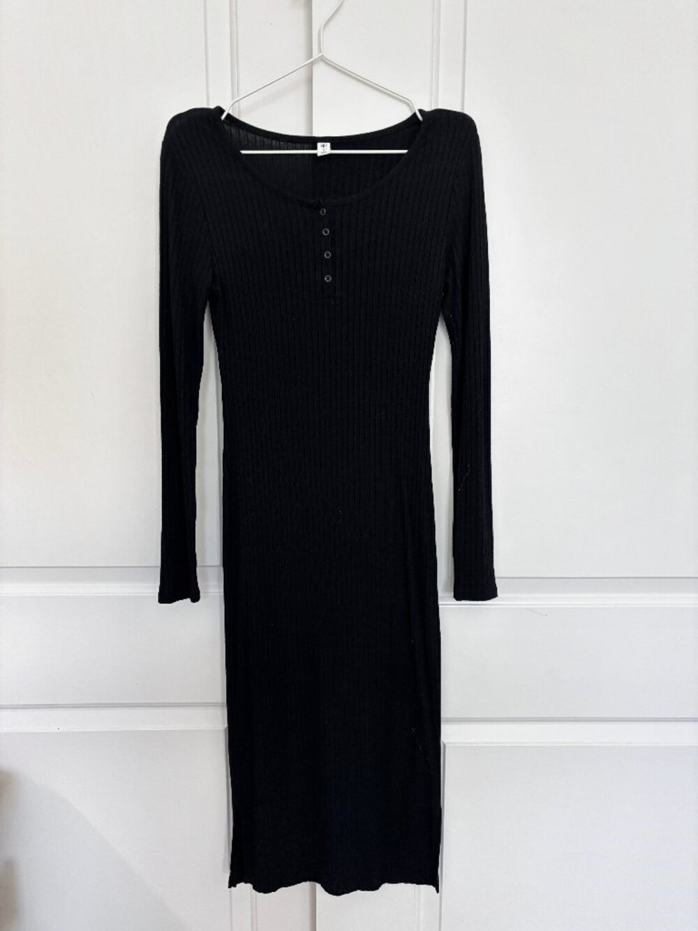 BP. Black Ribbed Midi Dress Long Sleeve, Side Slit, S